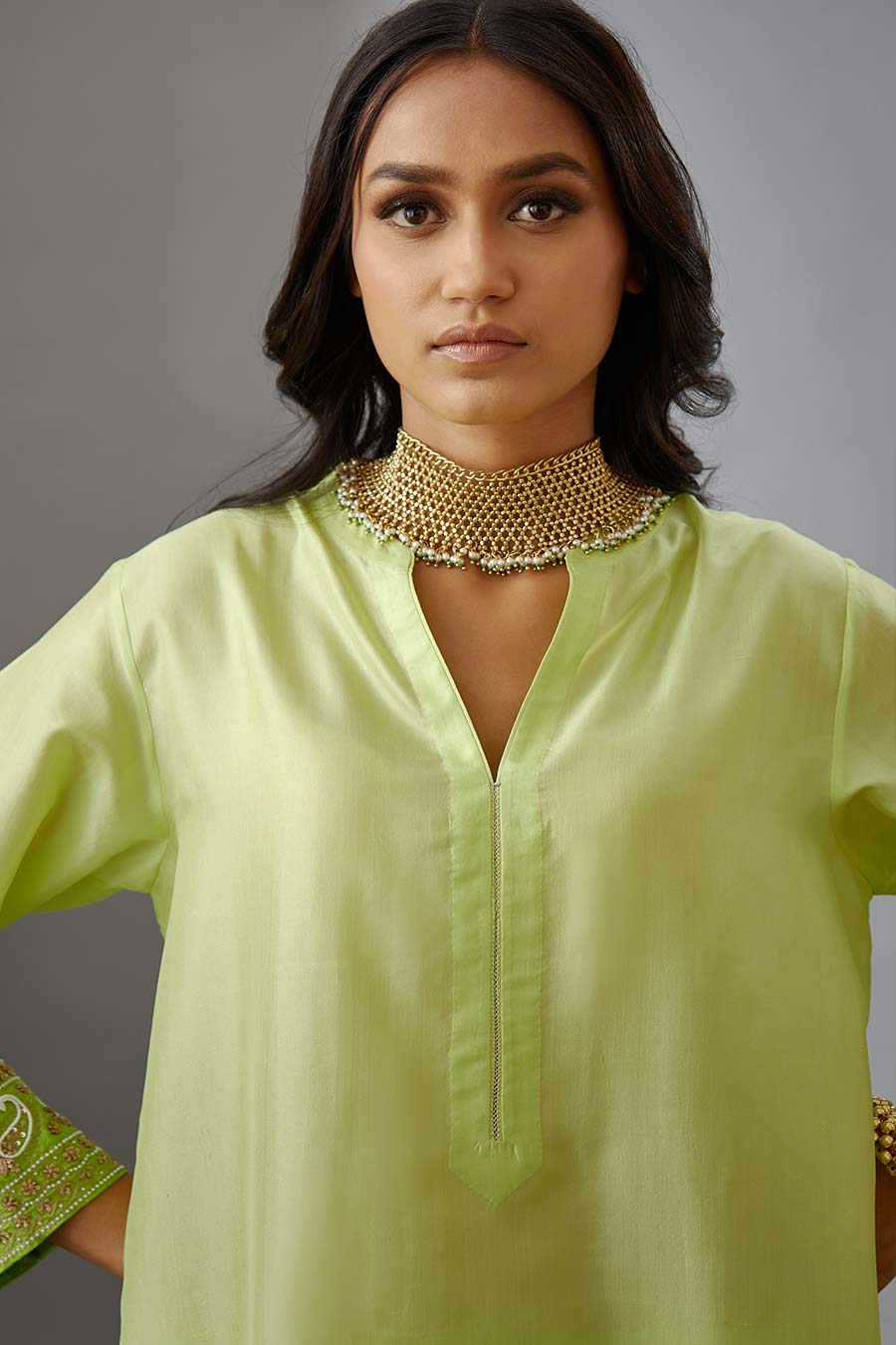 Lime Green Silk Embroidered Kurta & Pant Set