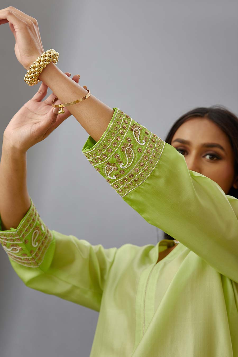 Lime Green Silk Embroidered Kurta & Pant Set