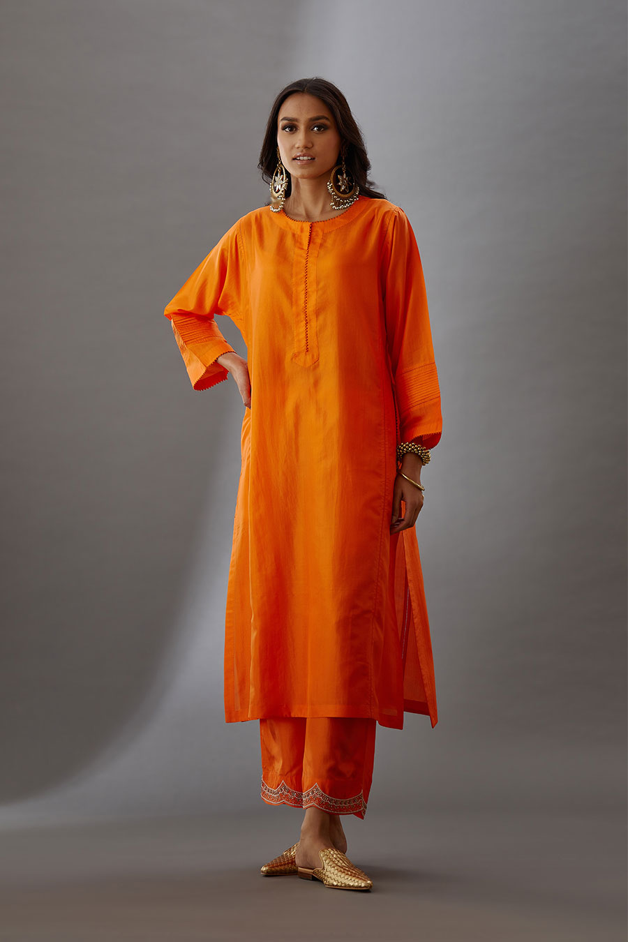Coral Silk Embroidered Kurta & Pant Set
