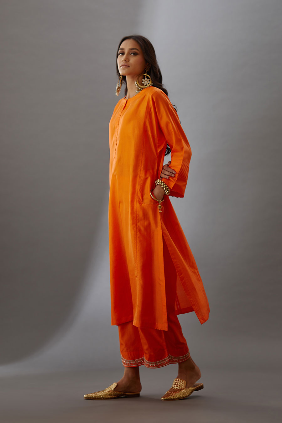 Coral Silk Embroidered Kurta & Pant Set