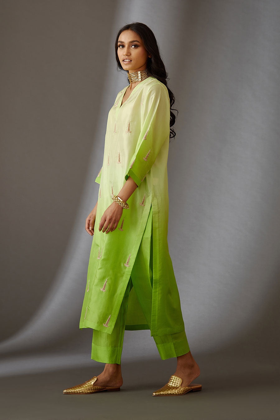 Lime Green Silk Embroidered Kurta & Pant Set