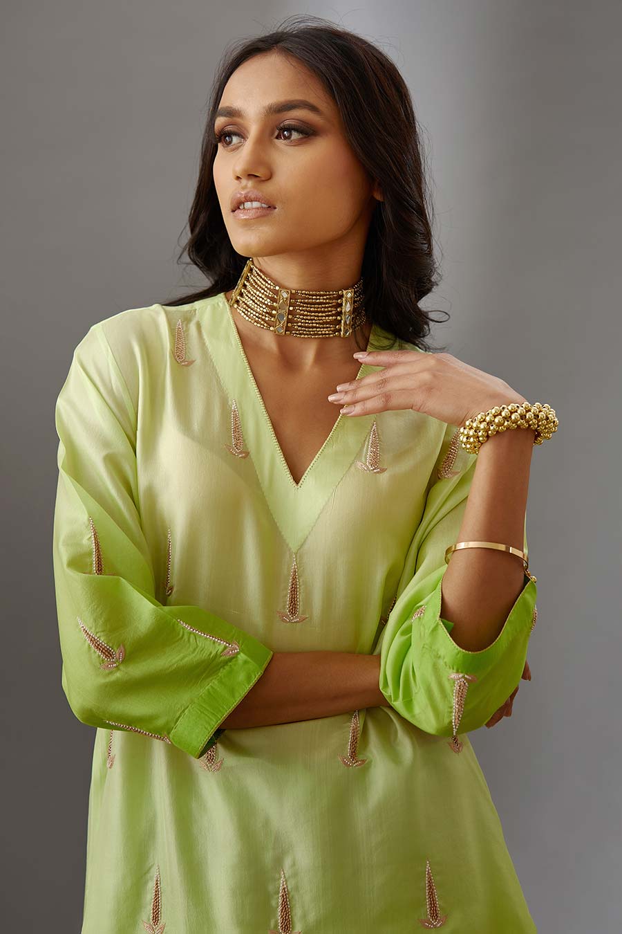 Lime Green Silk Embroidered Kurta & Pant Set