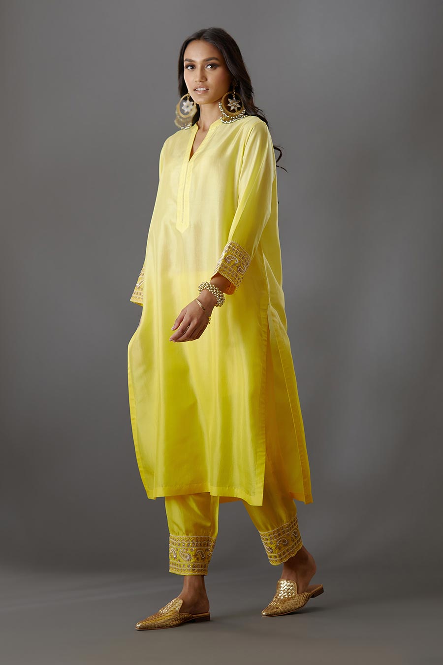 Yellow Silk Embroidered Kurta & Pant Set