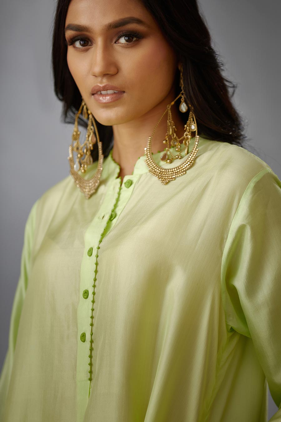 Lime Green Silk Embroidered Kurta & Pant Set