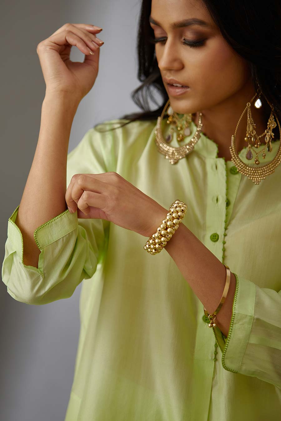 Lime Green Silk Embroidered Kurta & Pant Set