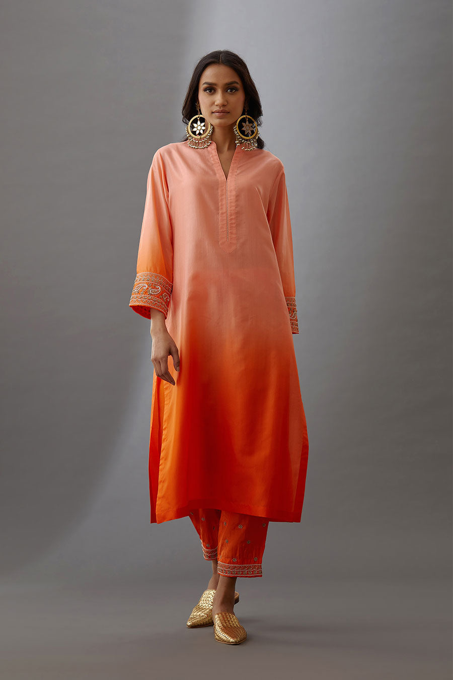 Coral Silk Embroidered Kurta & Pant Set
