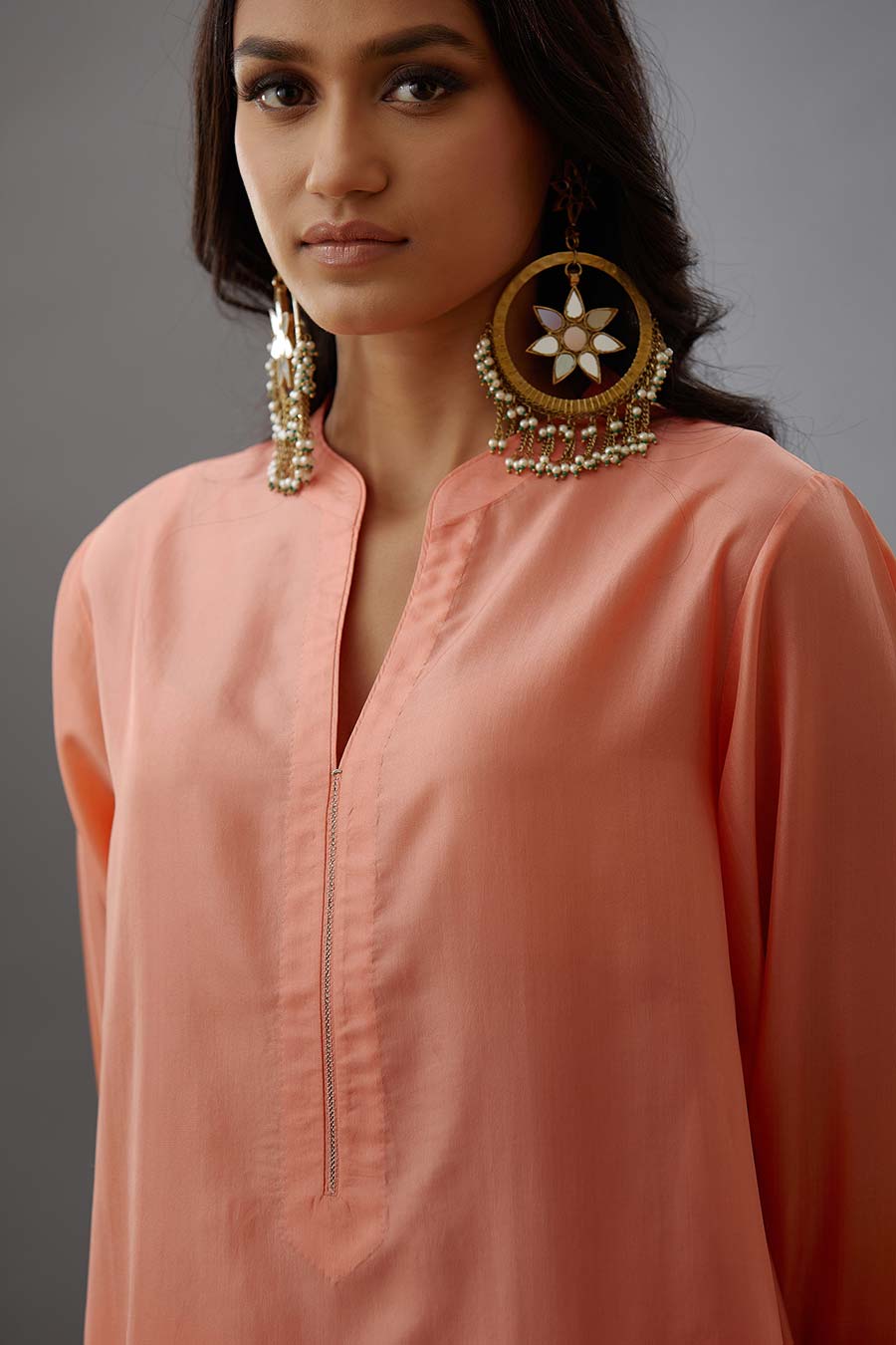 Coral Silk Embroidered Kurta & Pant Set