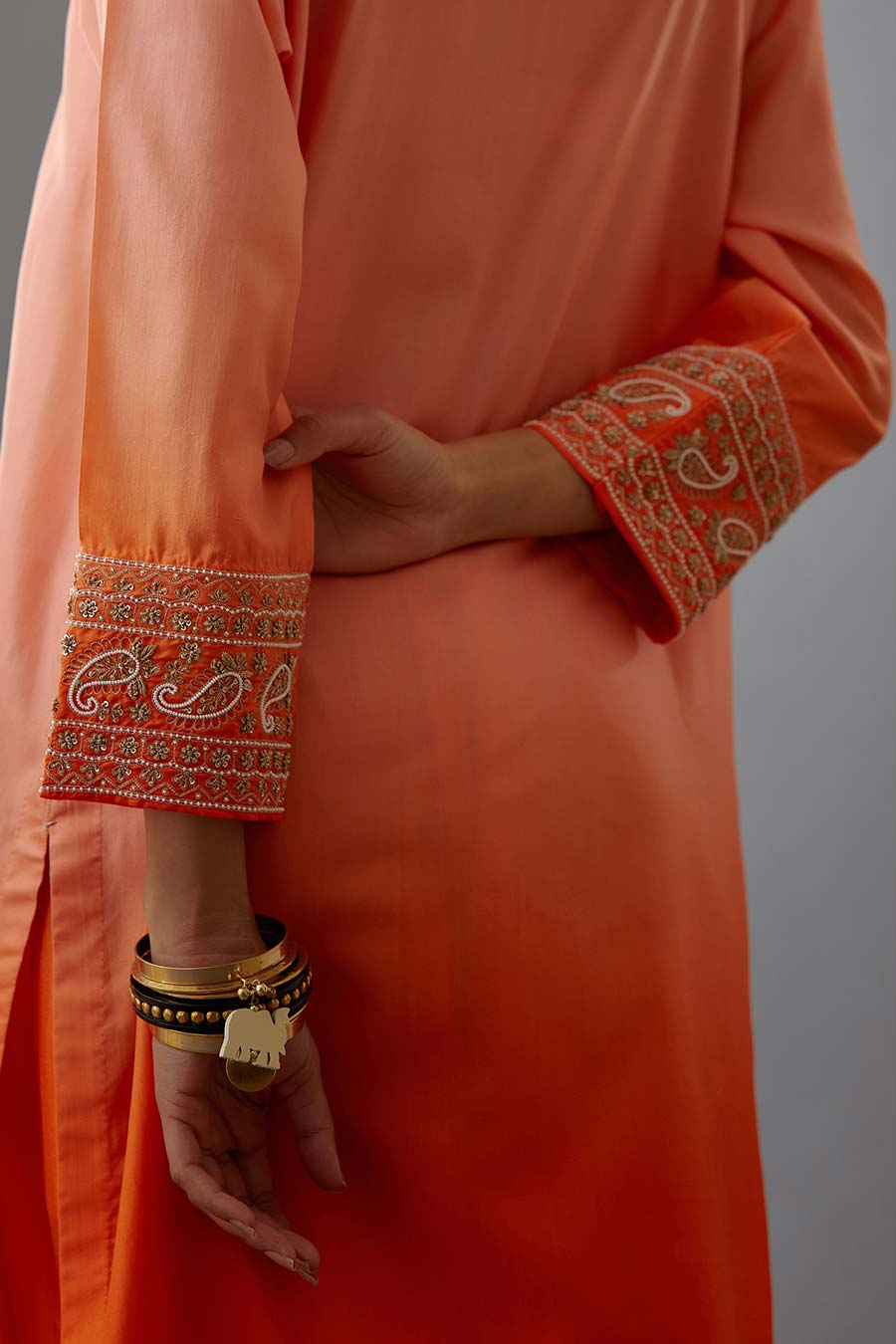 Coral Silk Embroidered Kurta & Pant Set