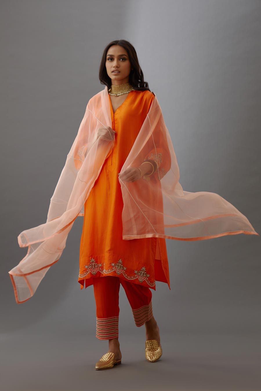 Coral Silk Organza Embroidered Dupatta
