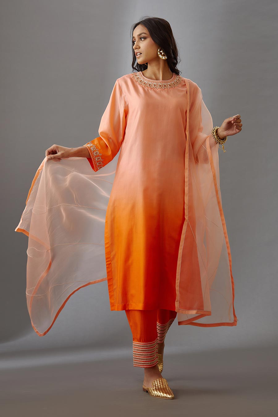 Coral Silk Organza Embroidered Dupatta