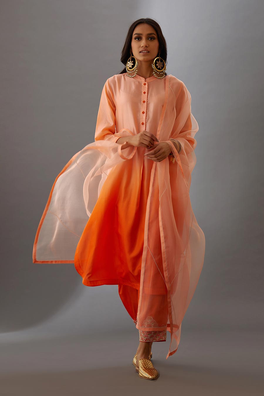 Coral Silk Organza Embroidered Dupatta
