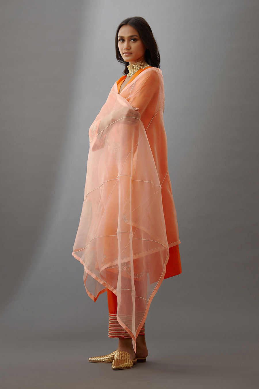 Coral Silk Organza Embroidered Dupatta