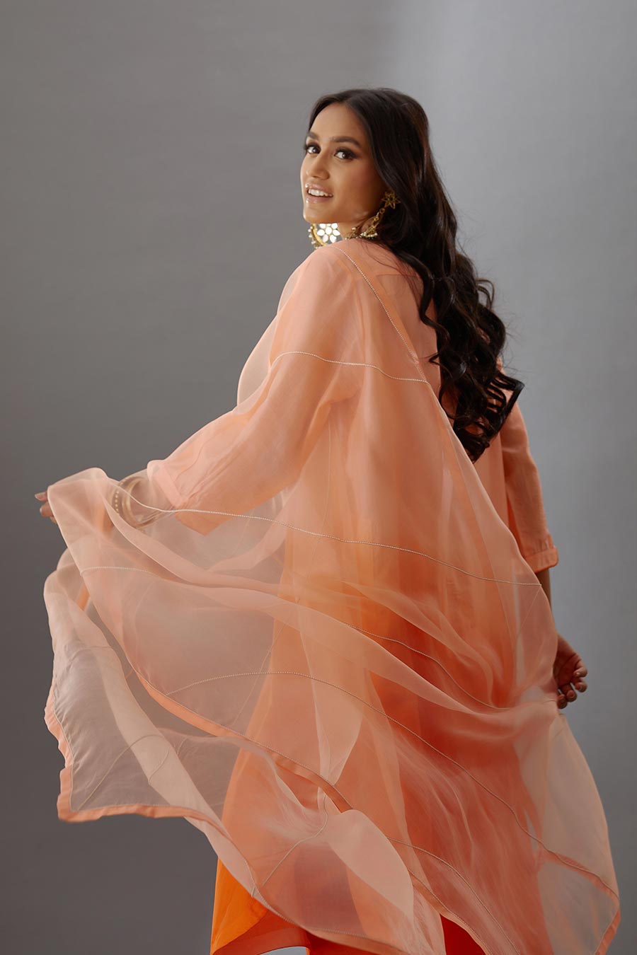 Coral Silk Organza Embroidered Dupatta