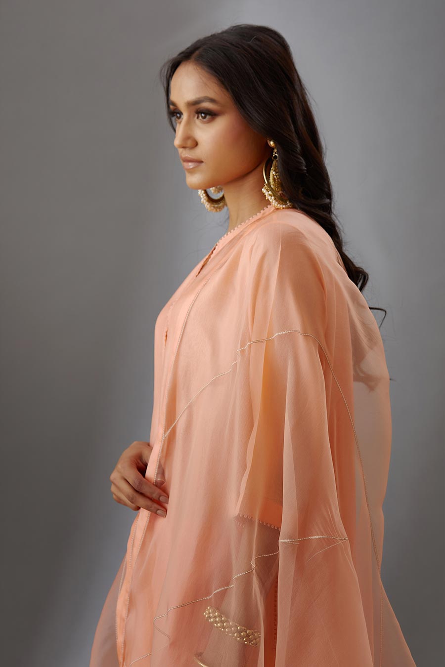 Coral Silk Organza Embroidered Dupatta