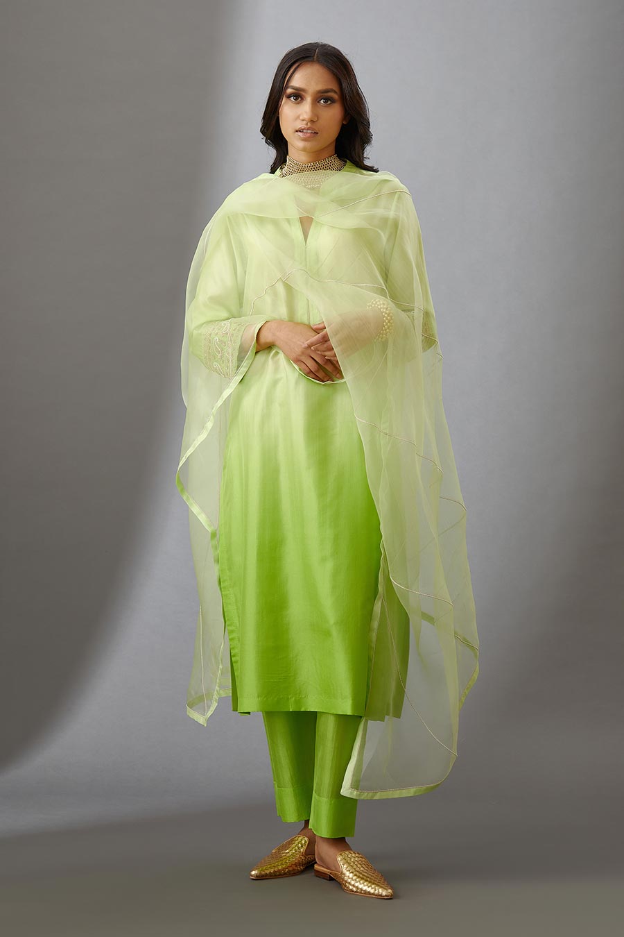 Lime Green Silk Organza Embroidered Dupatta