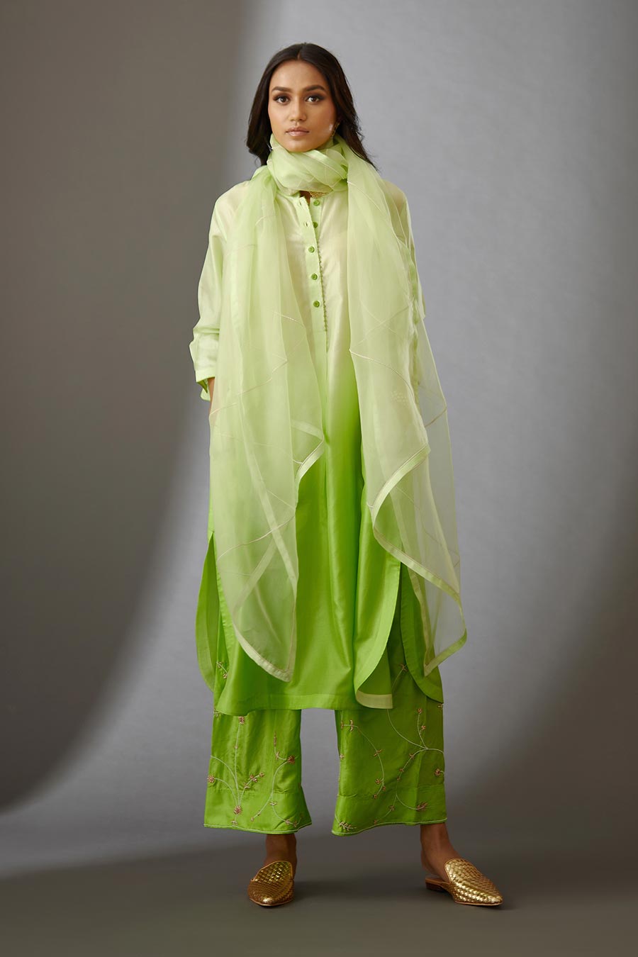 Lime Green Silk Organza Embroidered Dupatta
