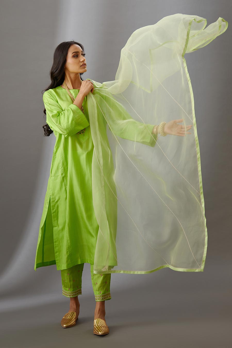 Lime Green Silk Organza Embroidered Dupatta