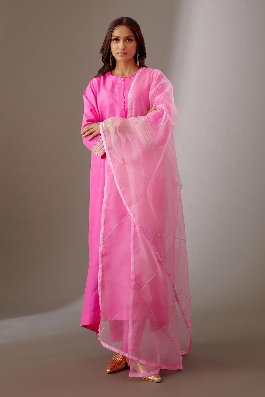 Rose Pink Silk Organza Embroidered Dupatta