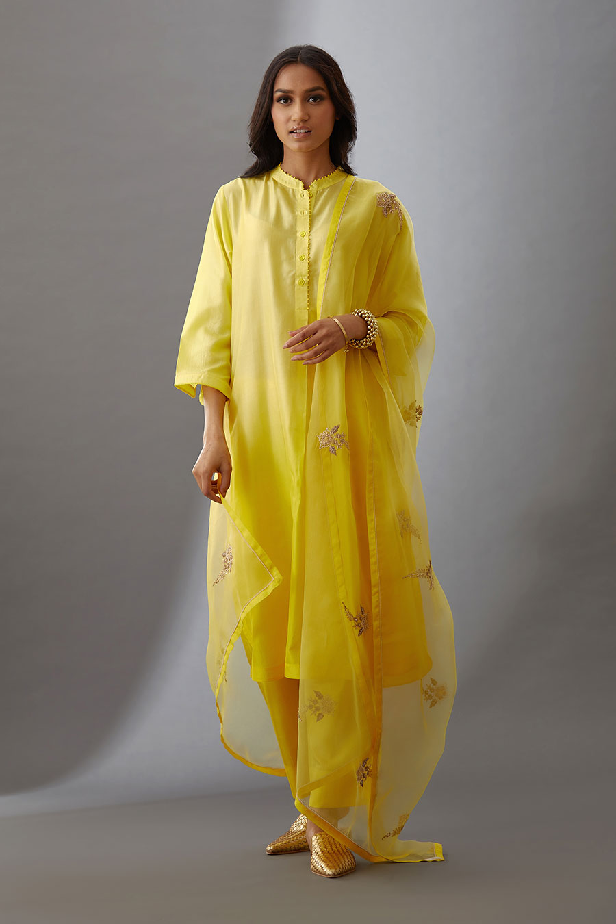 Yellow Silk Organza Embroidered Dupatta