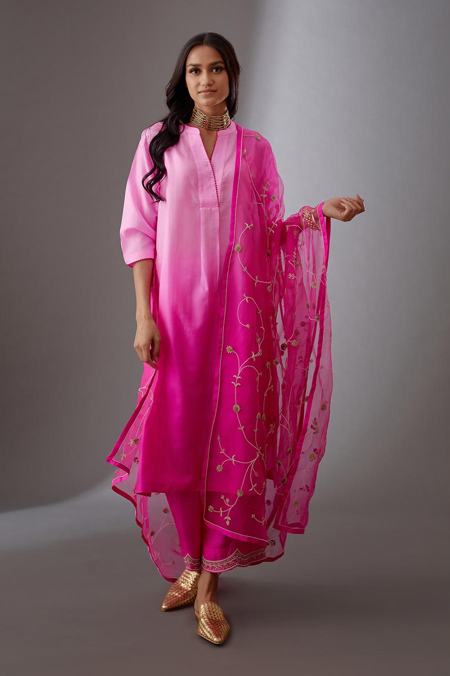 Rose Pink Silk Organza Embroidered Dupatta