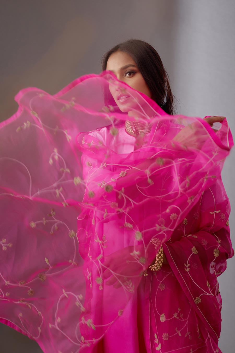 Rose Pink Silk Organza Embroidered Dupatta