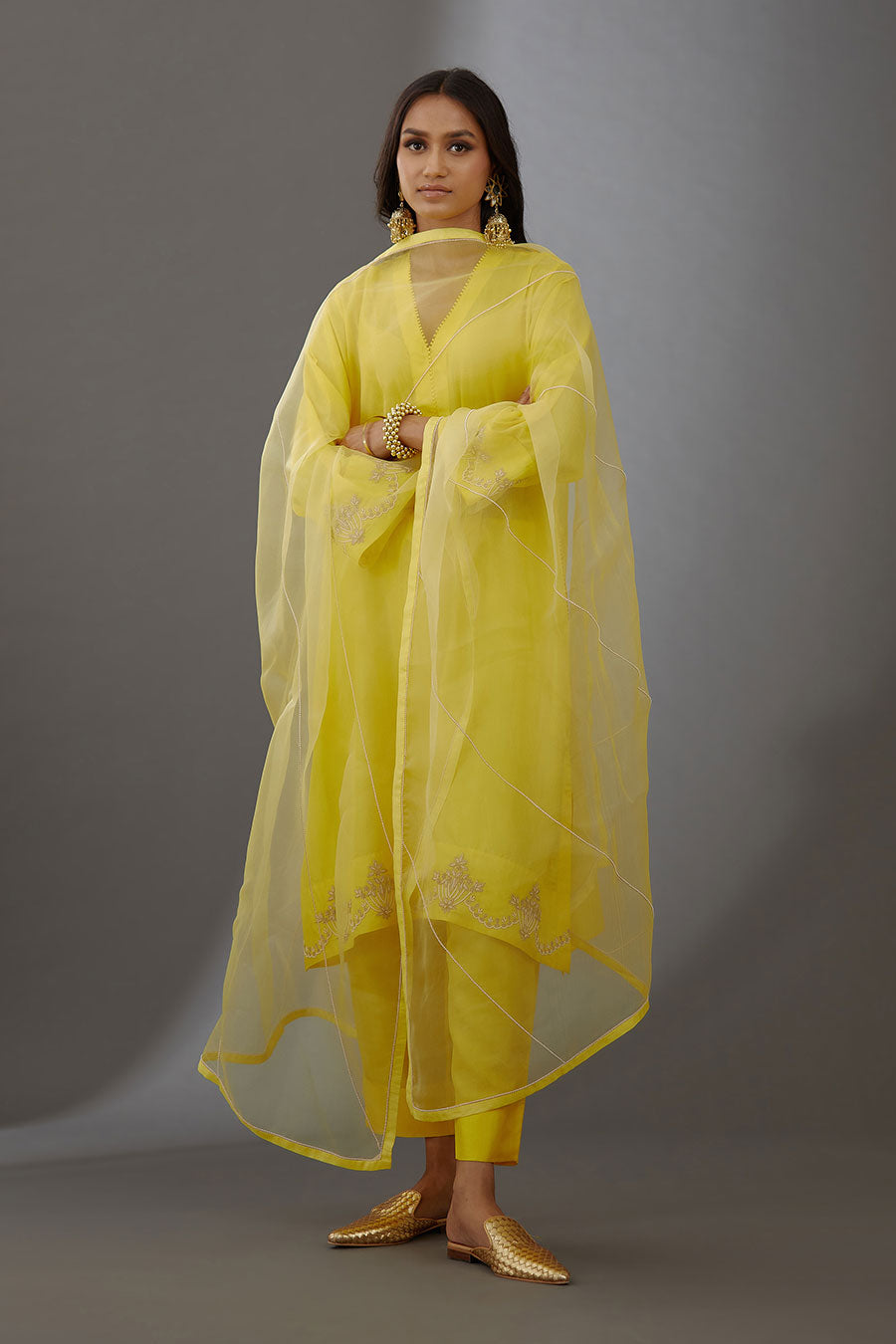 Yellow Silk Organza Embroidered Dupatta
