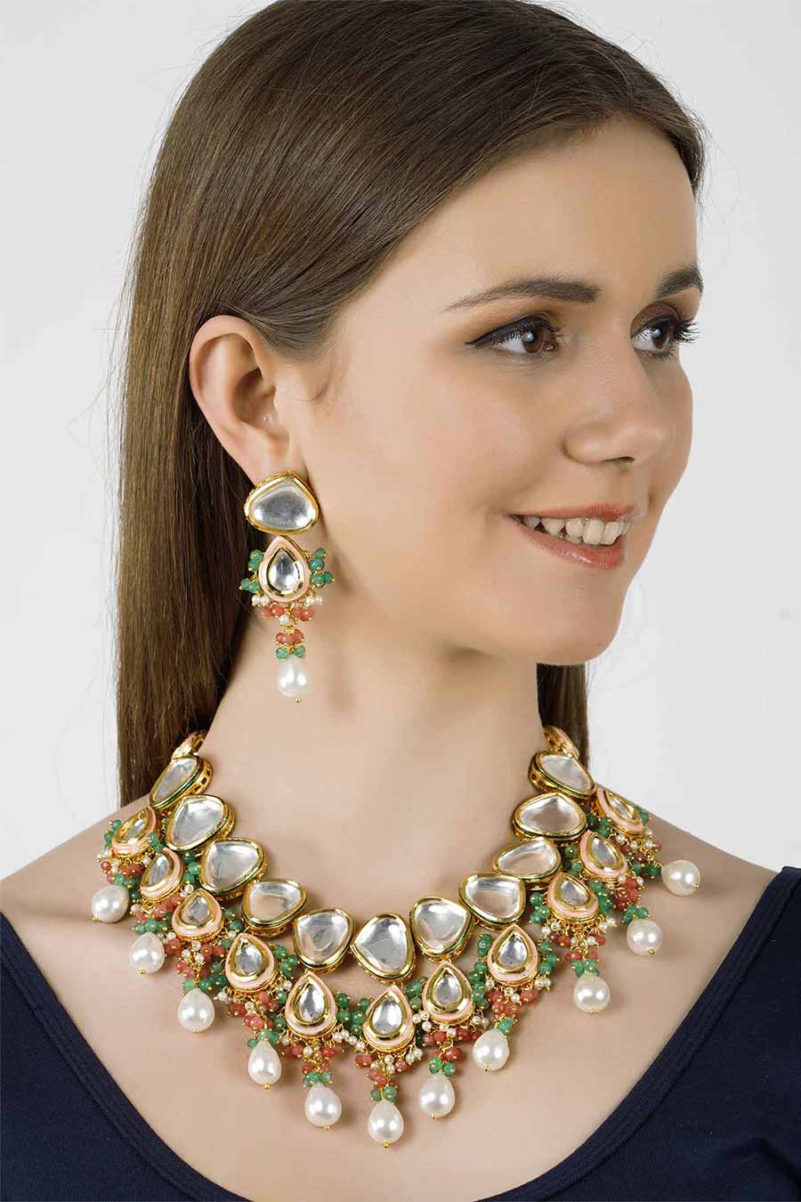 Gold Plated Kundan Necklace & Earrings Set