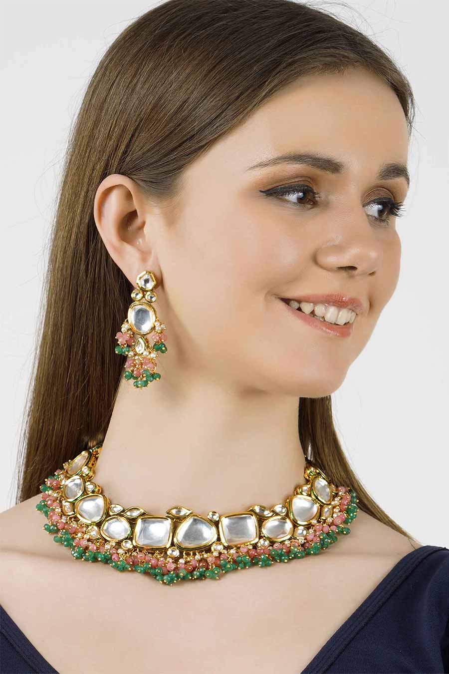 Gold Plated Kundan Necklace & Earrings Set