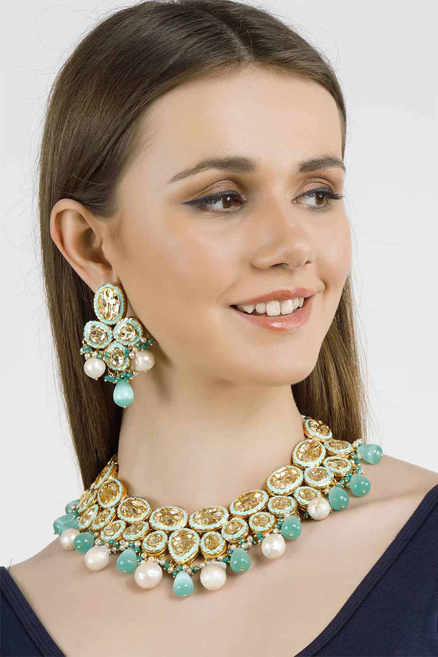 Gold Plated Kundan Necklace & Earrings Set