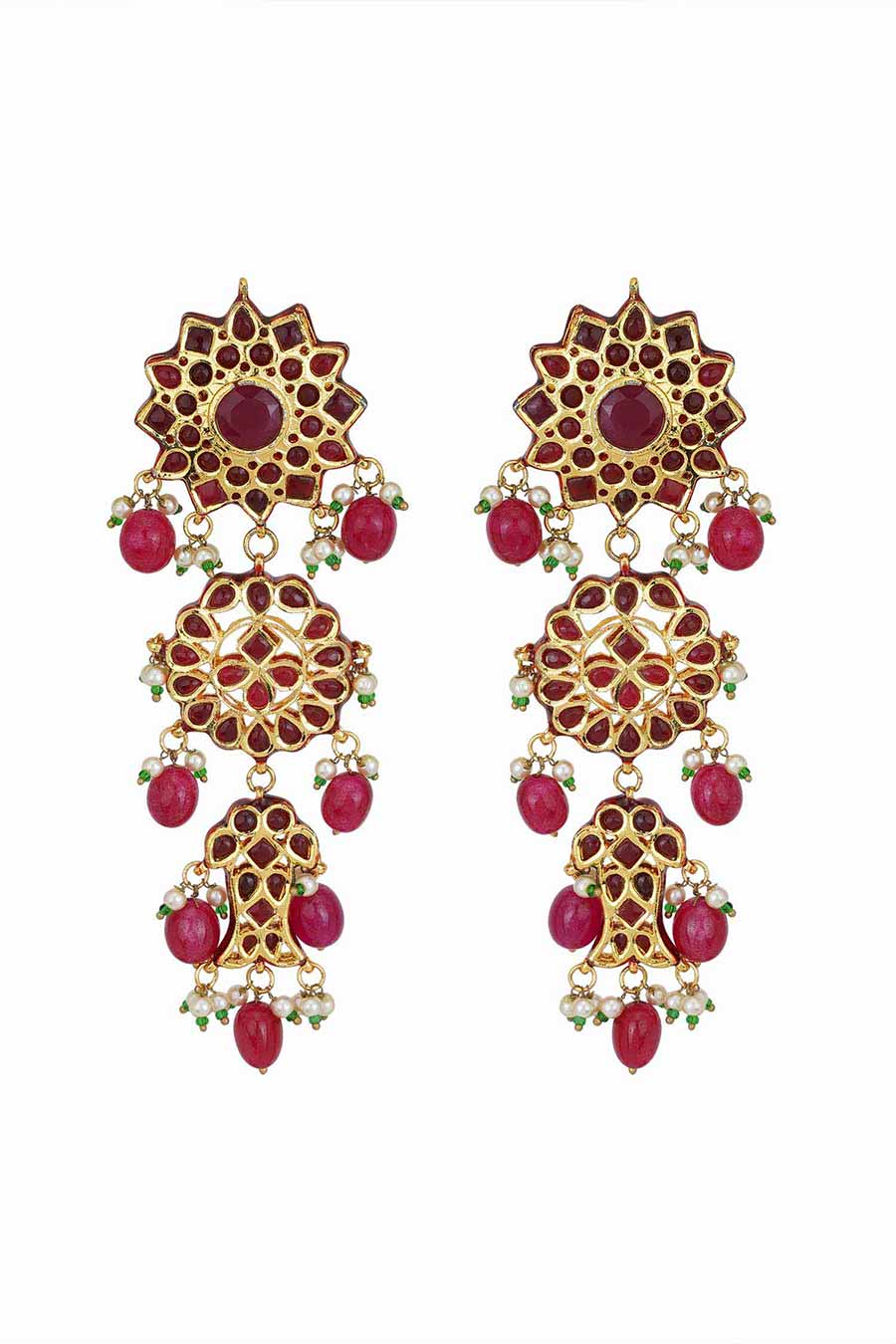 Gold Plated Maroon Kundan Dangler Earrings