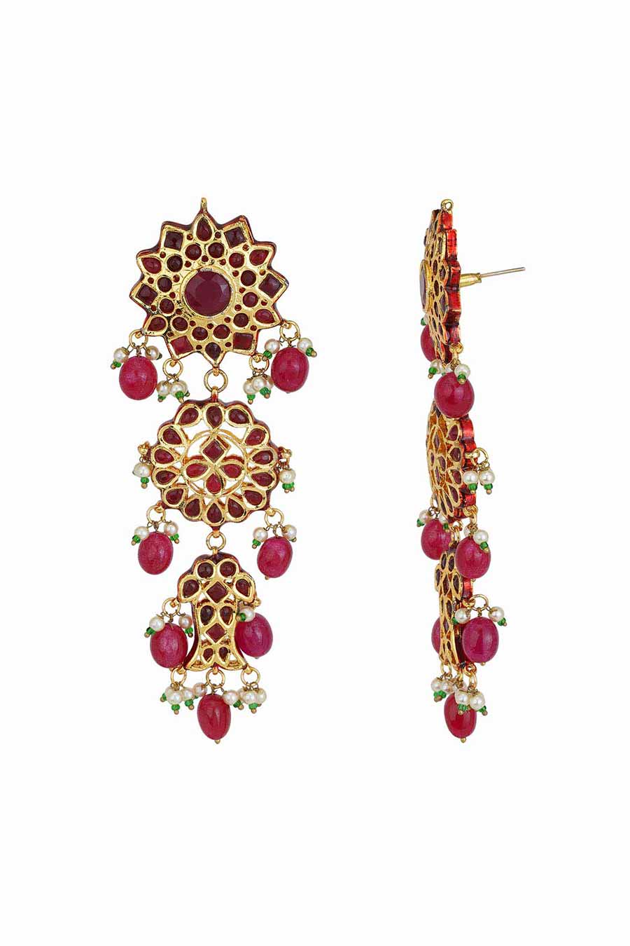 Gold Plated Maroon Kundan Dangler Earrings