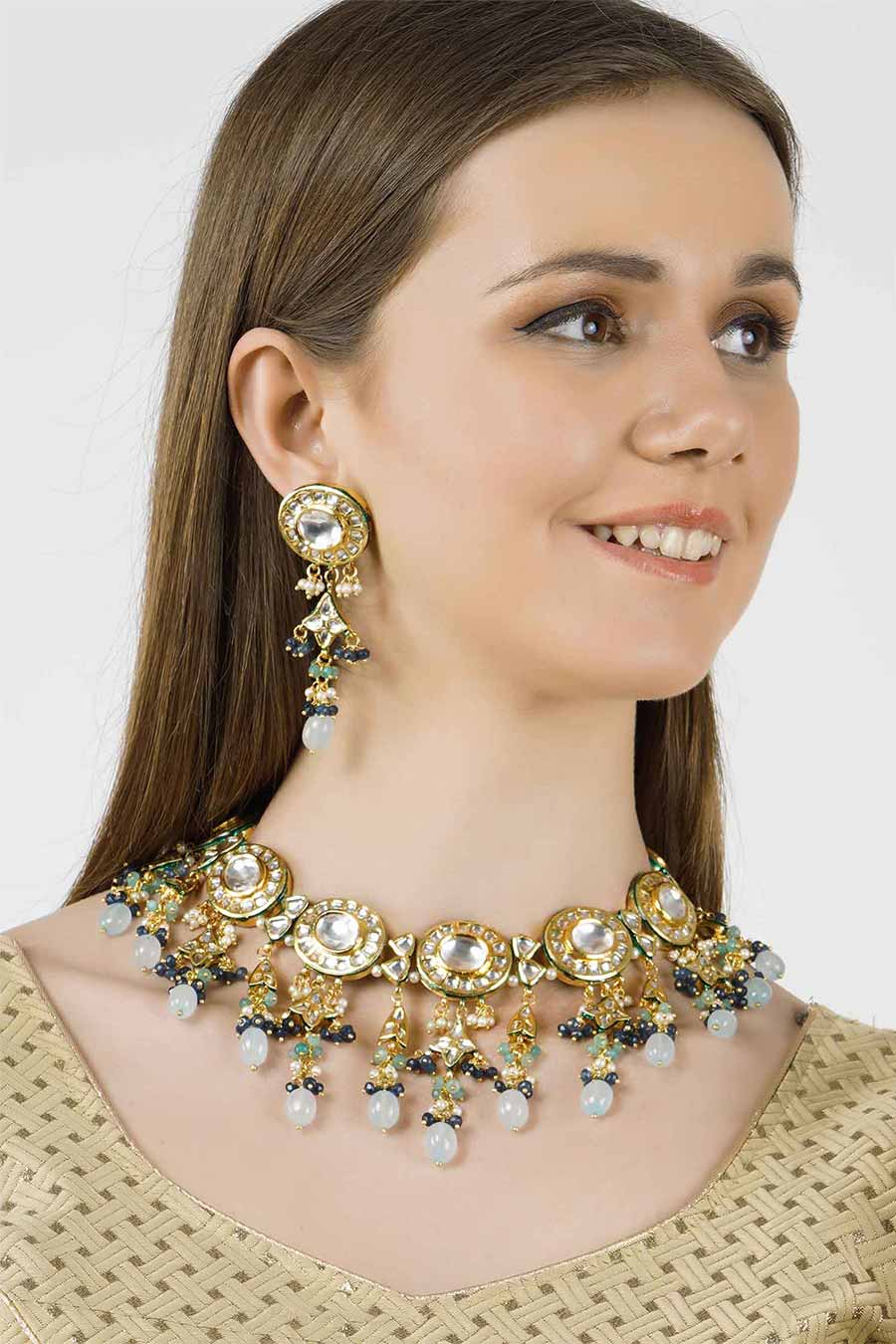 Gold Plated Kundan Necklace & Earrings Set