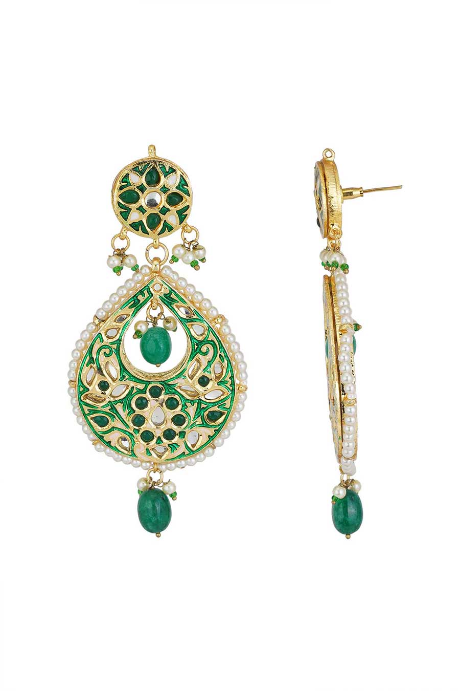 Gold Plated Green Kundan Drop Earrings