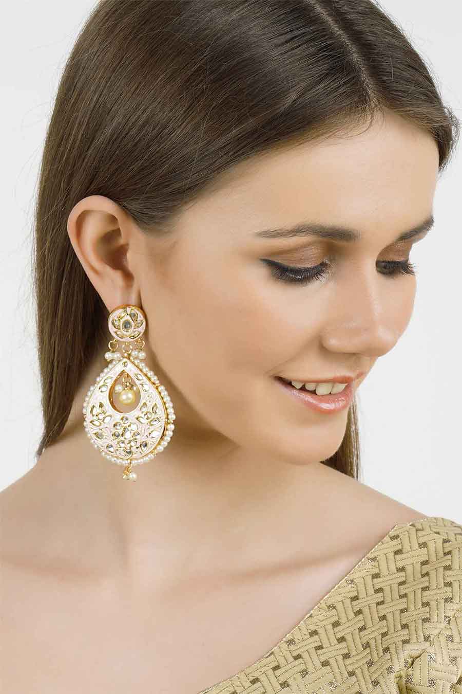 Gold Plated Pink Kundan Drop Earrings