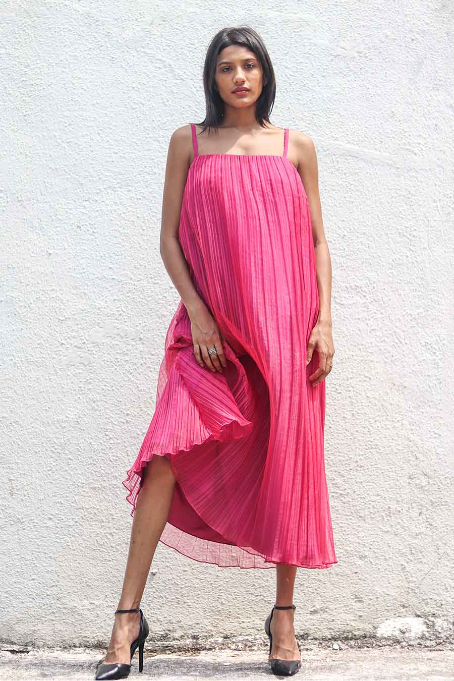 Shop Fuchsia Pleated Organza Dress by CHHAYA GANDHI at House of