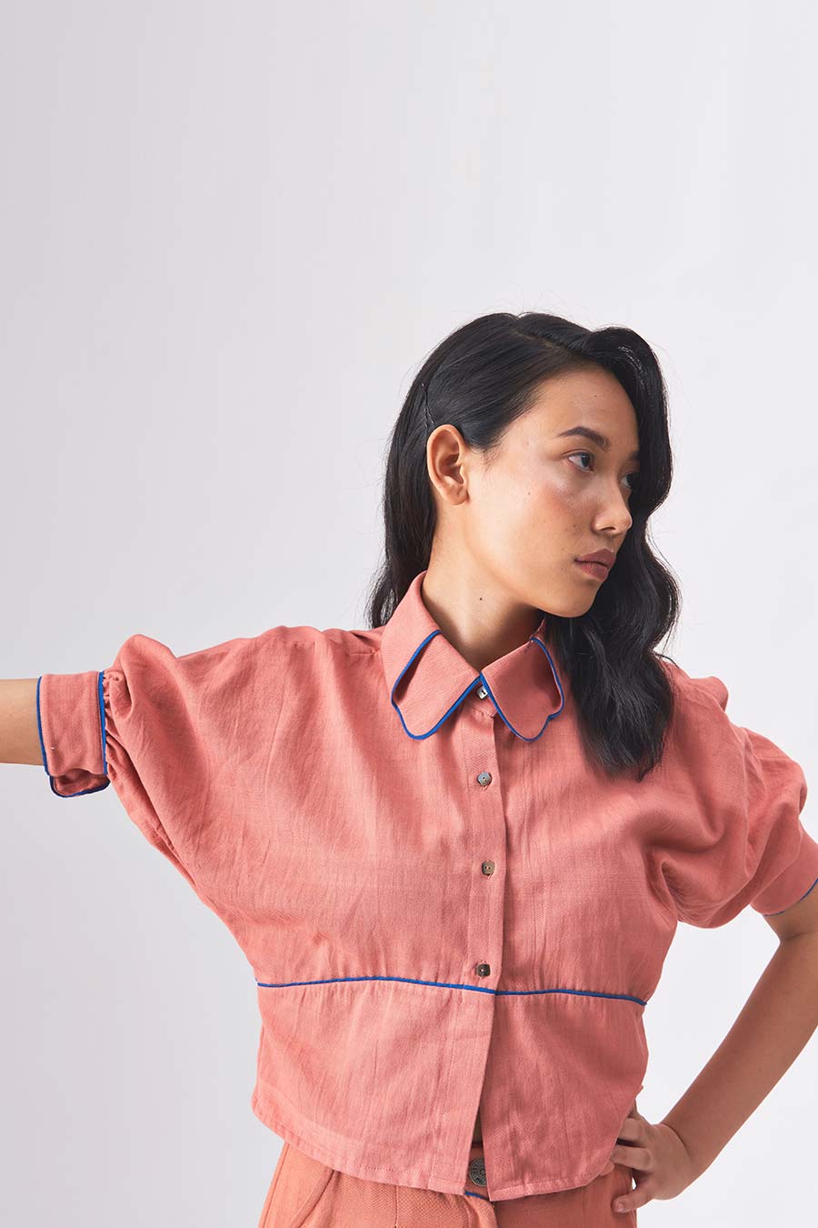 TRACY - Handloom Denim Pink Crop Shirt
