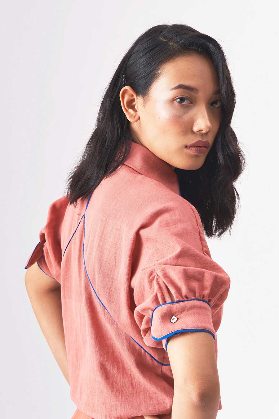 TRACY - Handloom Denim Pink Crop Shirt