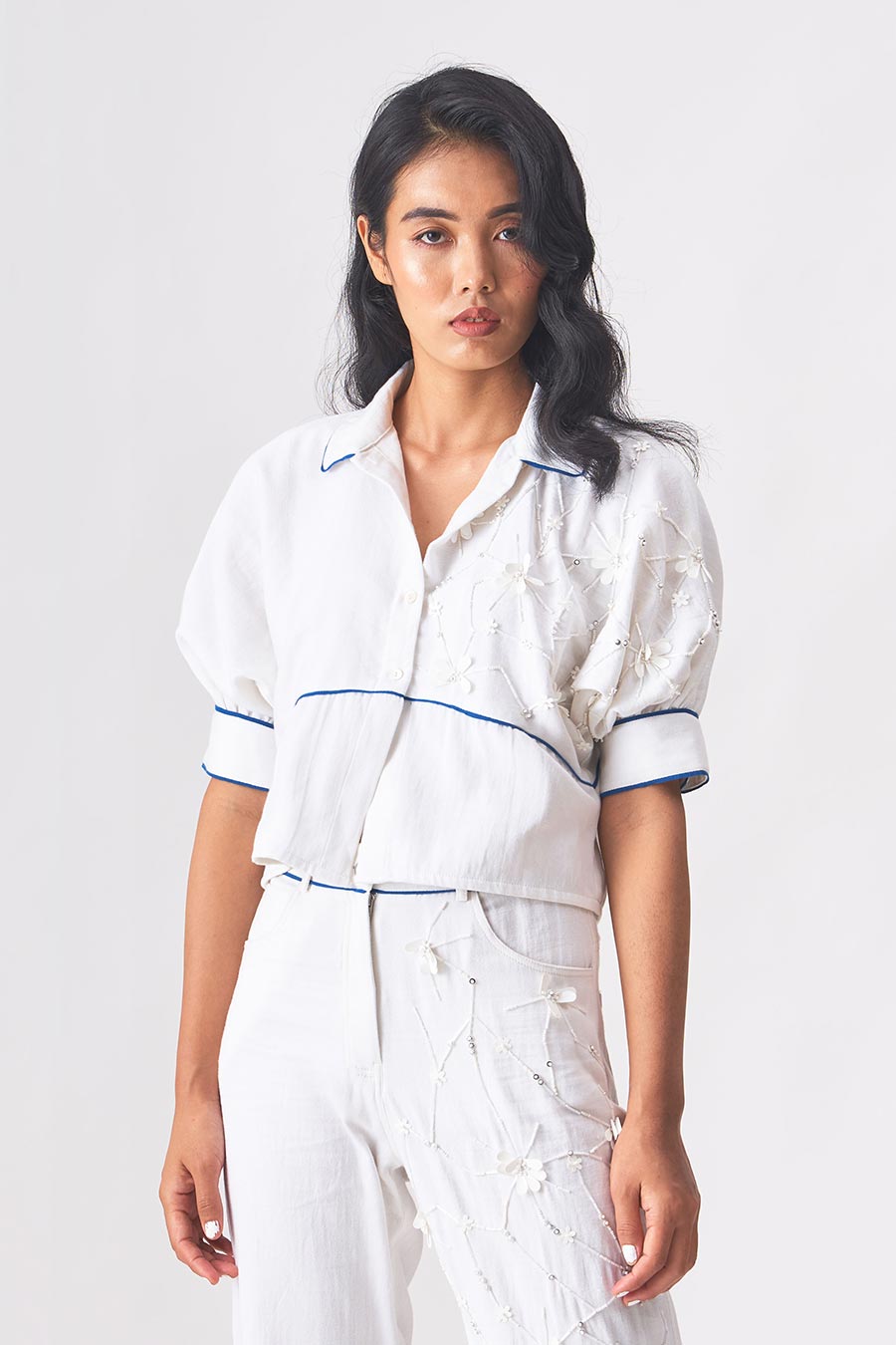 LUNA - Handloom Denim White Crop Shirt
