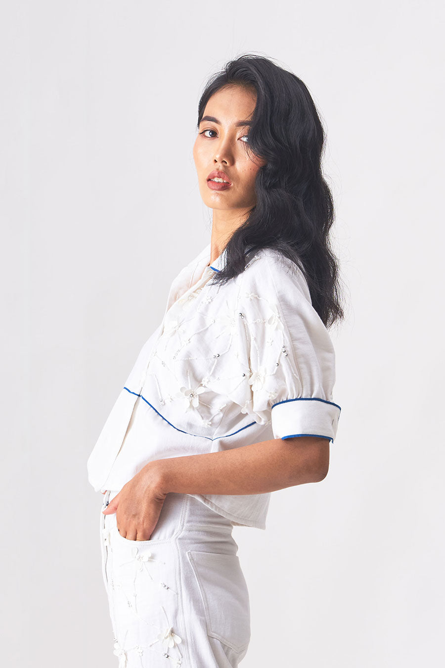 LUNA - Handloom Denim White Crop Shirt