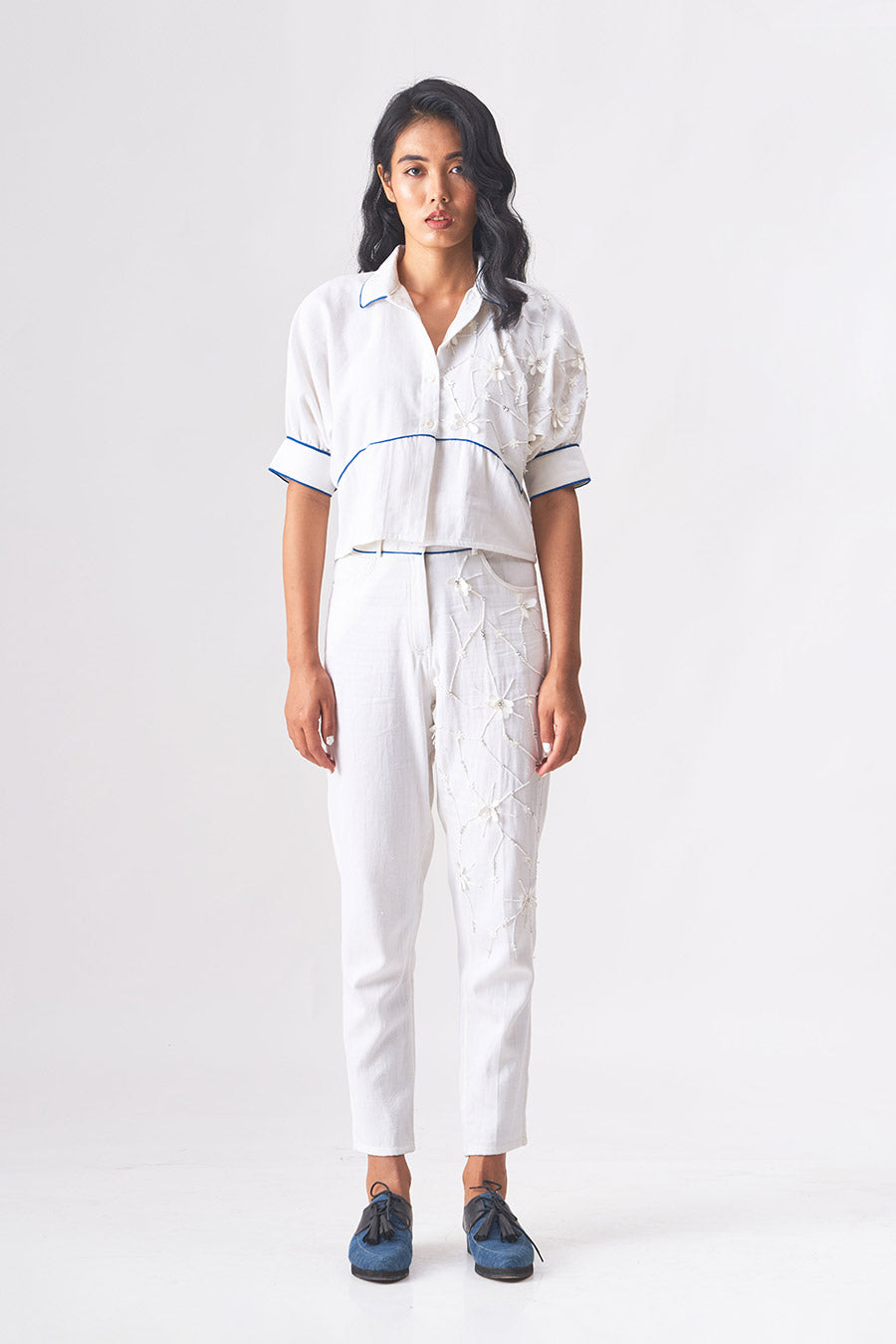 LUNA - Handloom Denim White Crop Shirt
