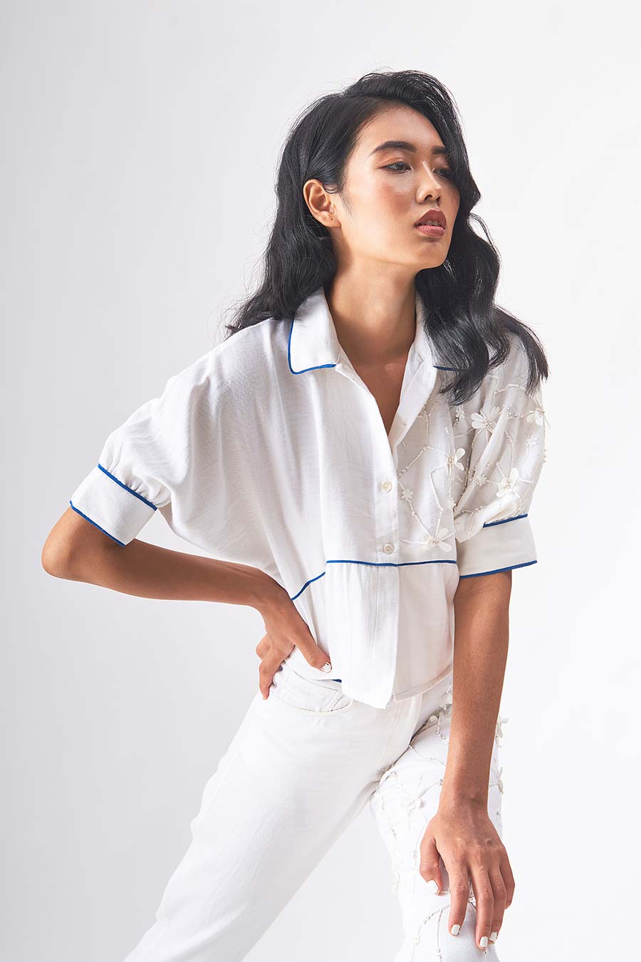 LUNA - Handloom Denim White Crop Shirt