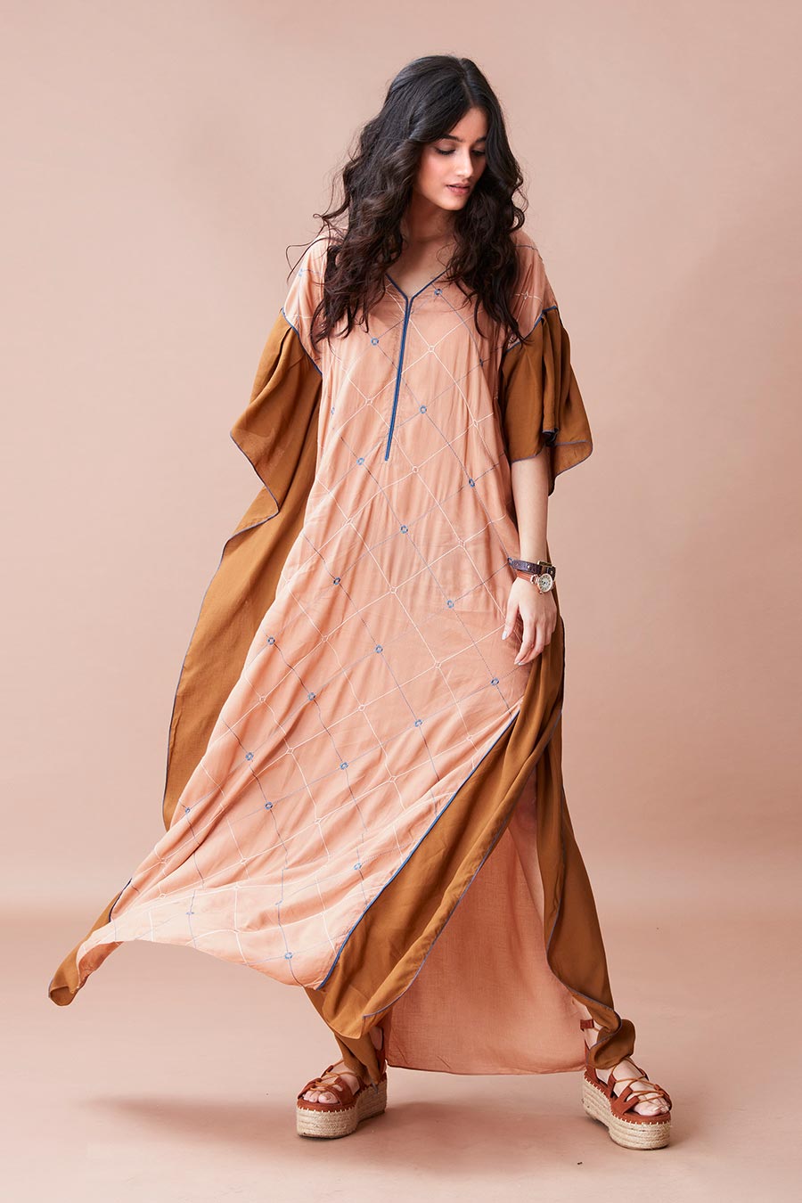 Tavish Nude Printed Kaftan Dress
