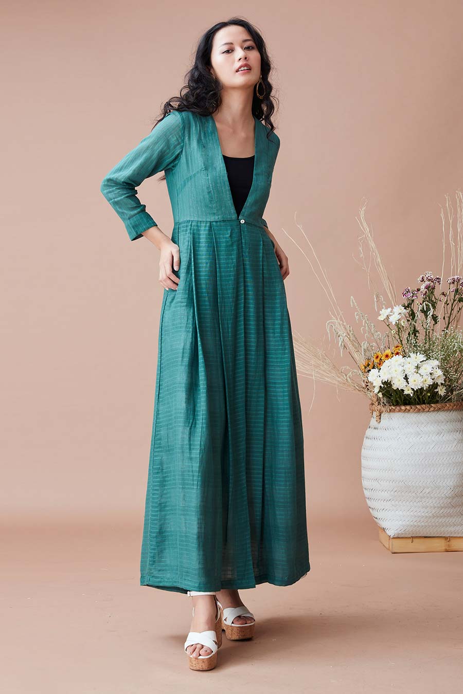 Posha Sage Green Pleated Long Jacket