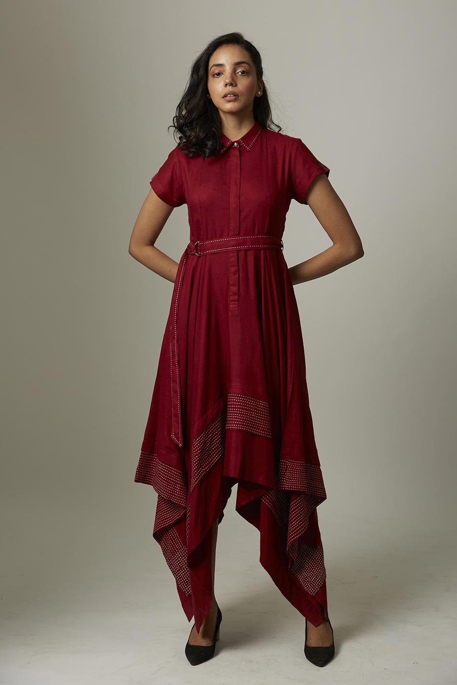 Shop Maroon Kantha Stitch Handkerchief Dress by ESCAPE BY AISHWARYA at House of Designers HOUSE OF DESIGNERS