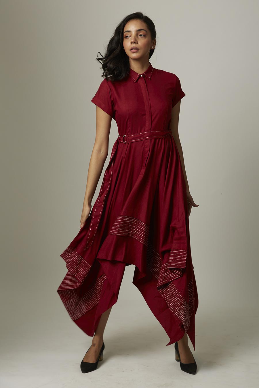 Maroon Kantha Stitch Handkerchief Dress