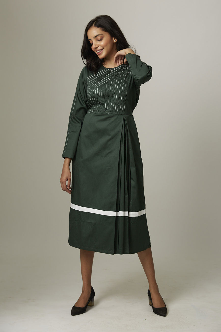 Green Pleated Kantha Stitch Dress