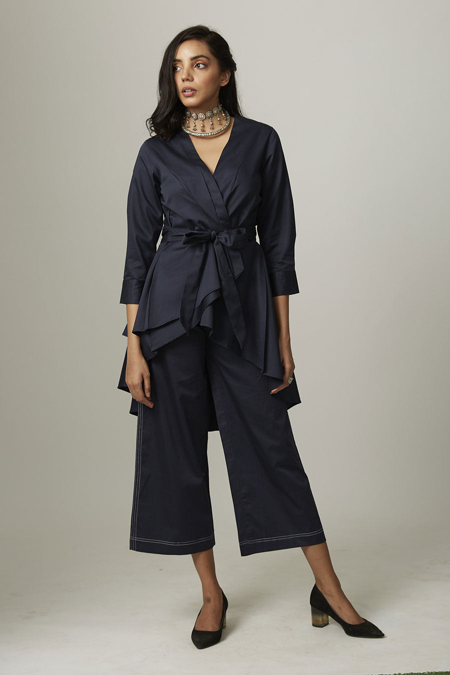 Navy High-Low Tie-Up Wrap Top