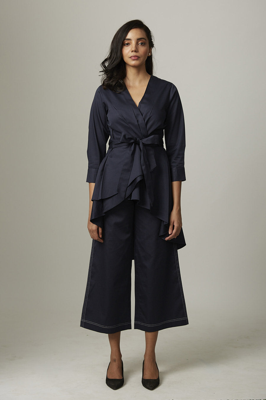 Navy High-Low Tie-Up Wrap Top