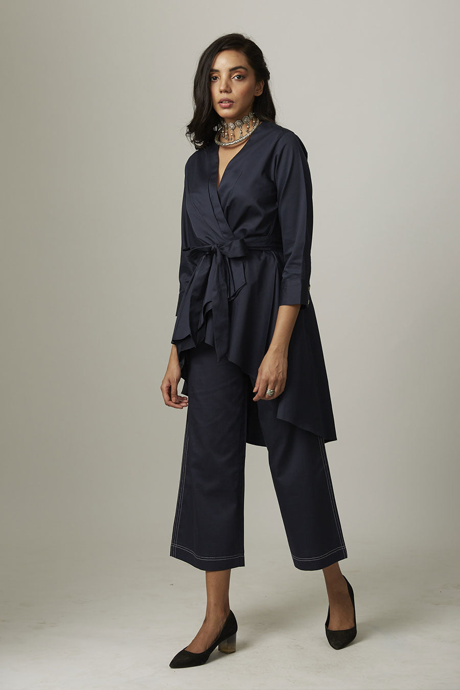 Navy High-Low Tie-Up Wrap Top