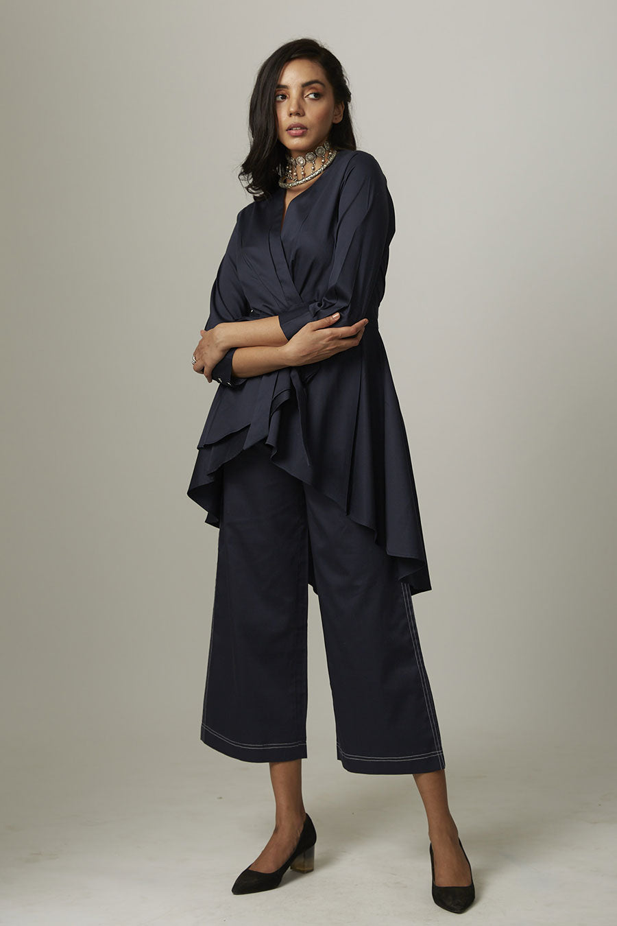 Navy High-Low Tie-Up Wrap Top